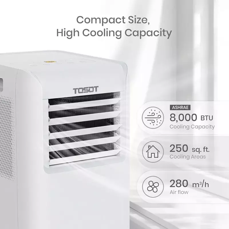 Condizionatore d'aria da 8,000 BTU più facile da installare, silenzioso e 3 in 1 portatile AC, deumidificatore, ventola per stanze fino a 250 piedi quadrati, bianco