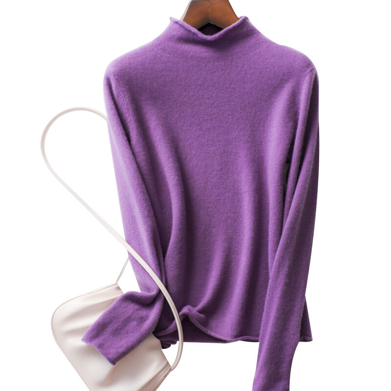 MRMT blus Sweater wol wanita, merek baru 2024 wol longgar kerah setengah tinggi warna Solid dasar pendek
