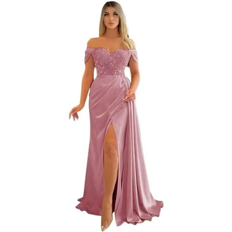 Wakuta gaun Prom bahu terbuka wanita gaun malam Formal Satin bermanik gaun pengiring pengantin elegan jubah Soiree dengan belahan tinggi