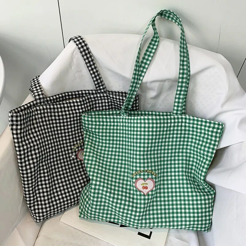 Lässige Segeltuch taschen Handtasche für Frauen koreanischen Stil Sommer Shopper Tasche Plaid große Kapazität Einkaufstasche mit Reiß verschluss Design
