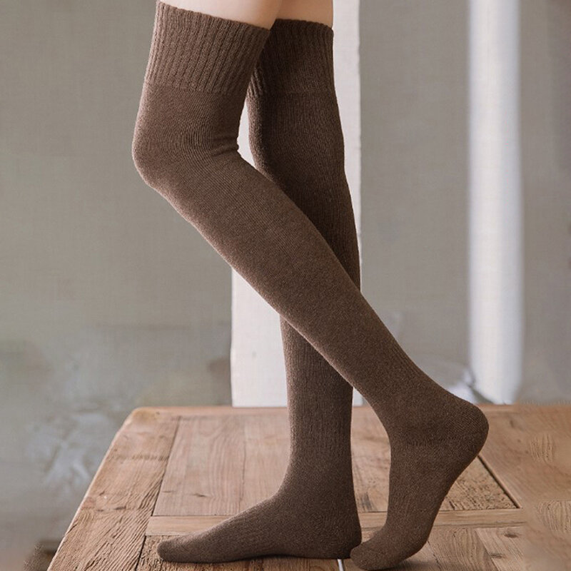 Meias de lã alta para coxa para mulheres, meias longas quentes, coxa alta, meias de joelho, botas femininas, moda sólida