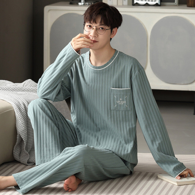 Two Pieces Cotton Men Pajamas Set for Spring Long Sleeves Sleeping Top & Pant Sleepwear Korean Fashion Printed Pyjamas Hombre