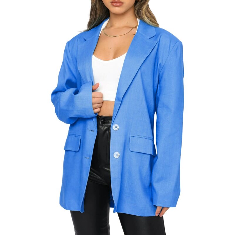 Women\\u2019s Fashion Solid Color Loose Suit Casual Button Down Notched Lapel Long Sleeve Blazer