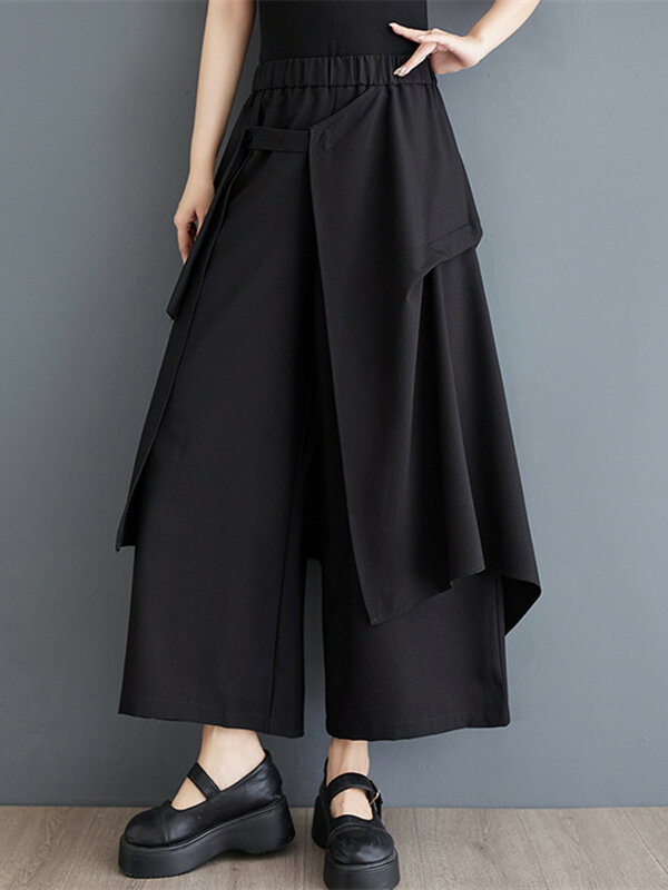 Japońskie ciemny czarny w stylu Yamamoto z wysokim stanem luźne letnie spodnie z szerokimi nogawkami Culotte nieregularne moda uliczna damskie spodnie na co dzień