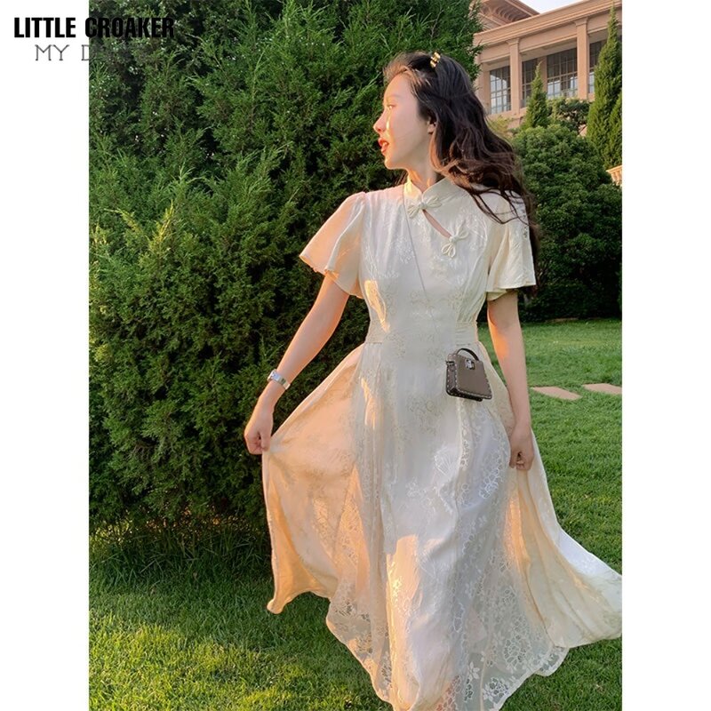 Gaun Cheongsam wanita, gaun ramping Retro renda Panel lengan Flare Musim Panas 2023