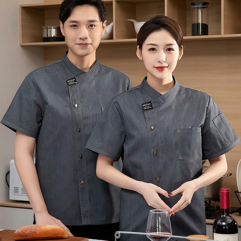 Kurtka restauracyjna Unisex szefa kuchni z krótkim rękawem fartuch szefa kuchni mężczyzn kobiet kuchnia nosić mundur kelnera piekarnicze