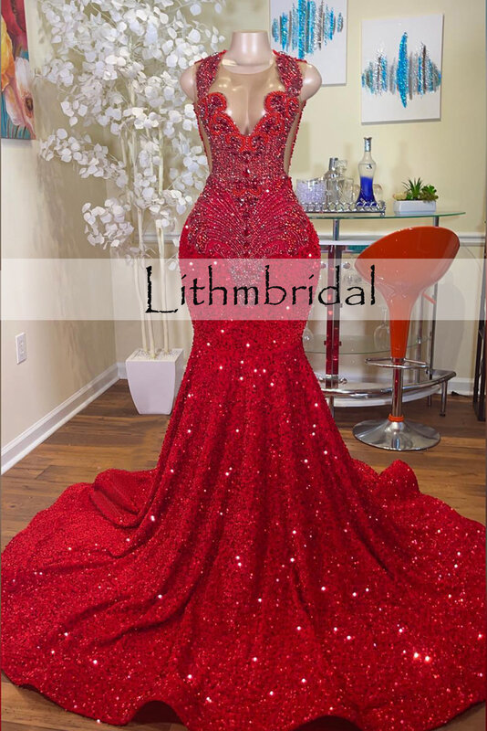 Stuning Mermaid Style Mesh Luxury Beaded Sparkly Diamond Black Girl Red Velvet Sequin Long Prom Dresses 2023 Formal Gowns