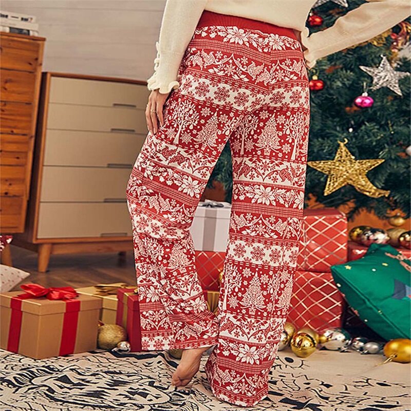 Женские рождественские пижамные брюки, эластичные Широкие штаны с высокой талией, брюки для отдыха с Кулиской