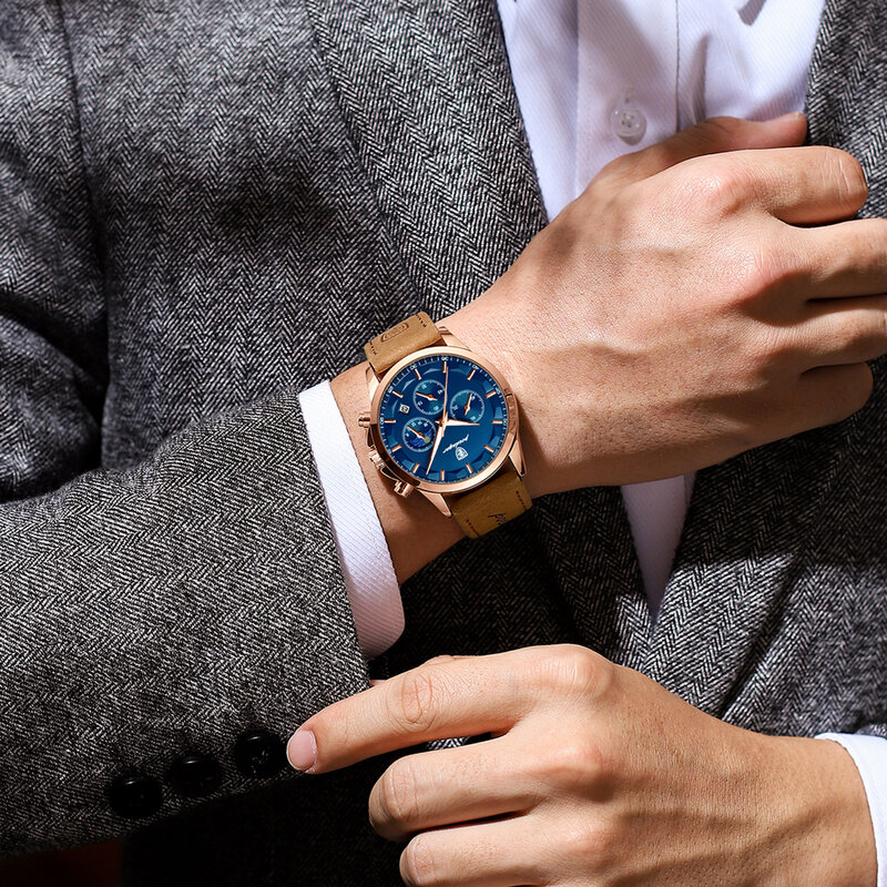 POEDAGAR-Relógio de quartzo de couro impermeável masculino, Cronógrafo, Data luminosa, Relógio de luxo, Esportes