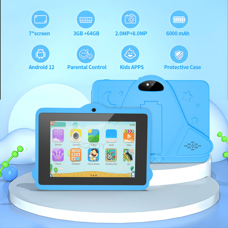 Sauenaneo-Tablet Android 12 para Crianças, Quad Core, Câmera Dupla, WiFi, Controle Parental, 4GB RAM, ROM 64GB, 6000mAh, 7 em