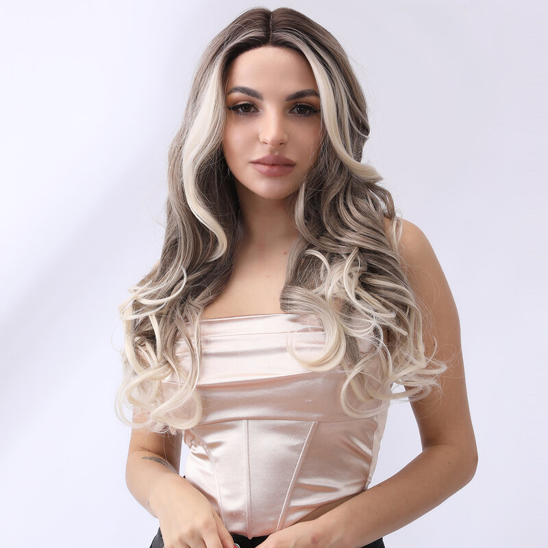 Smilco Omber Brown White Synthetic Lace Front Curly Wigs For Women Long Wave Invisible Lace Front Preplucked Wig Heat Resistant