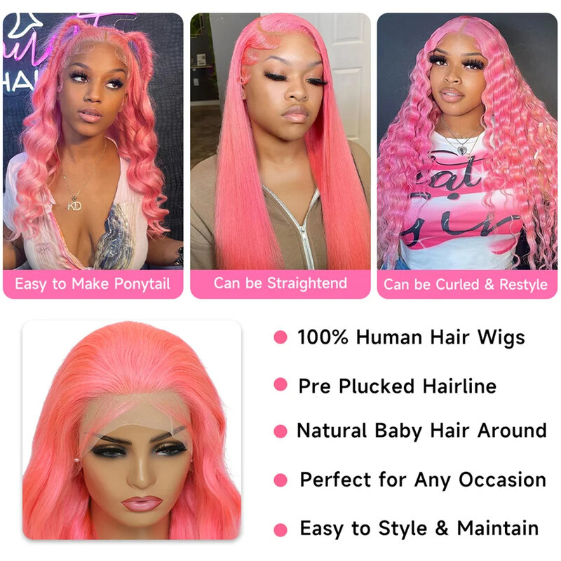 Perruque Lace Front Wig Body Wave Naturelle, Cheveux Humains, Couleur Rose, Transparent, 13x4, 13x6, HD, Pre-Plucked, pour Femme
