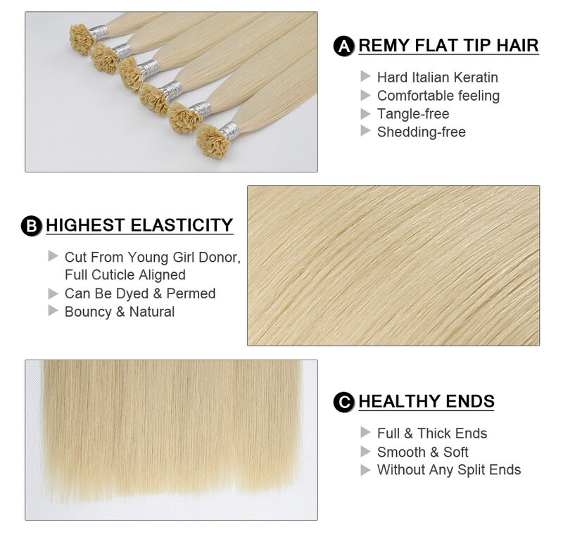 Extensões naturais Fairy-remy de cabelo, ponta plana, queratina sedosa, reta e pré-colada, 0,5g/fio, 12/14 inch, k