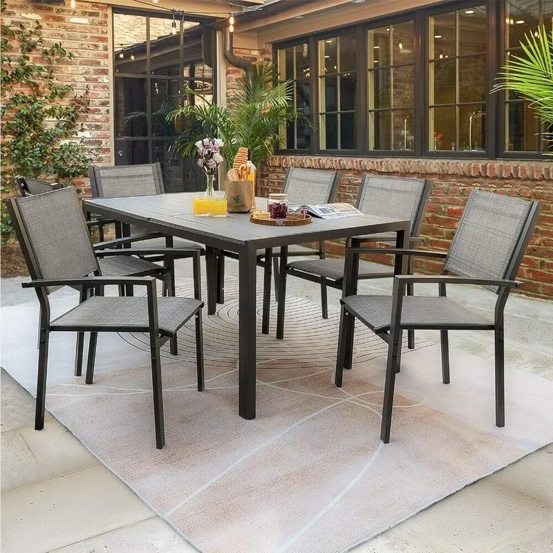 Terraço Jantar Outdoor Furniture Set, mesa intempéries, 6 empilhável para jardim, 7 pcs