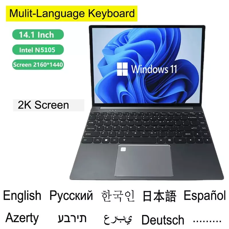 Laptop Komputer PC 14 Inci Portabel Notebook Kantor Win11 Intel N5105 16GRAM + 1TB Keyboard Rusia Arab Ibrani Spanyol Keaslian