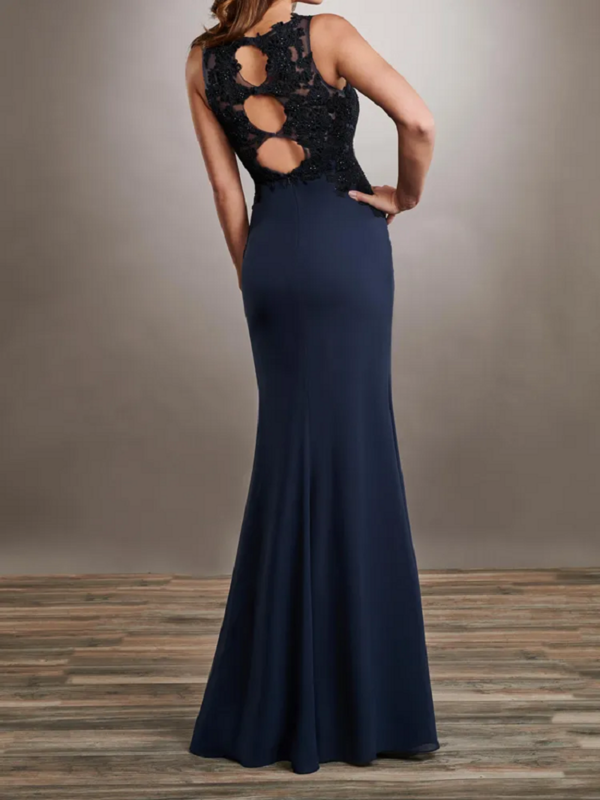 2024 New Dark Navy Mother of the Bride Dresses with Wrap Mermaid Floor Length Mother's Dress Chiffon and Lace
