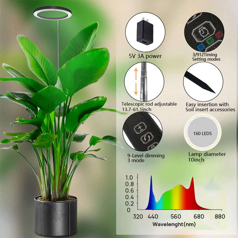Ajustável LED Planta Crescer Luz, Espectro Completo, Regulável, Altura, 5V, Temporizador Automático, Grande, Plantas de Interior, Crescendo Lâmpada