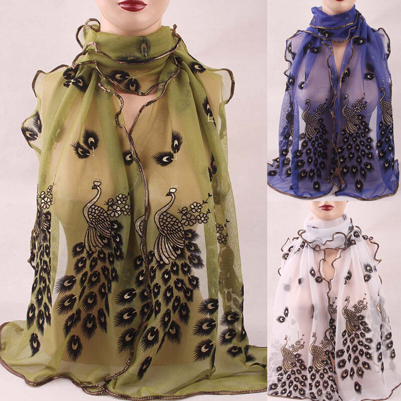 1 Stück 190*40cm Damen Damen Seiden schals Schal gestohlen Pfau Schal transparente lange Mode Chiffon Soft Wrap