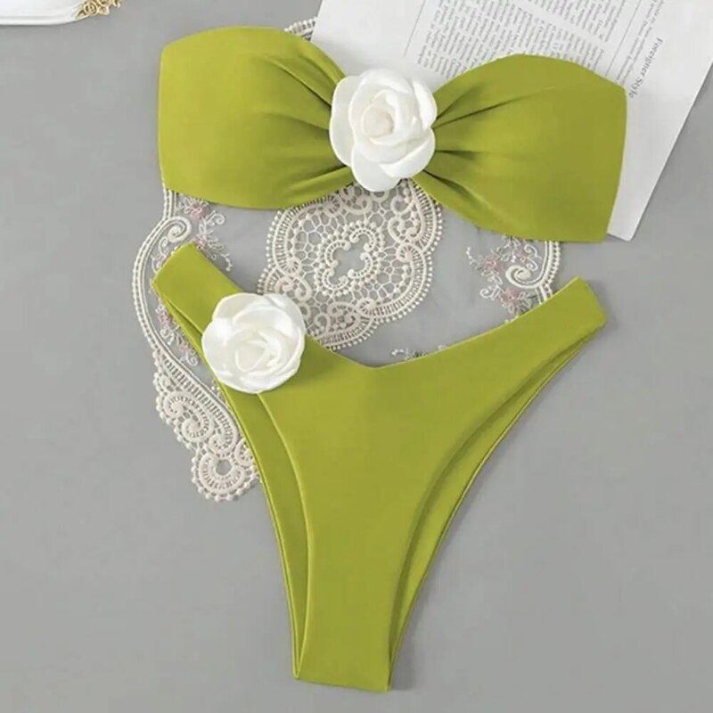 Kobiety Seksowne Bikini Set 3D Flower Halter Bandeau Bra High Waist Briefs Set Tube Top Swimsuit Bathing Suit купальник женский