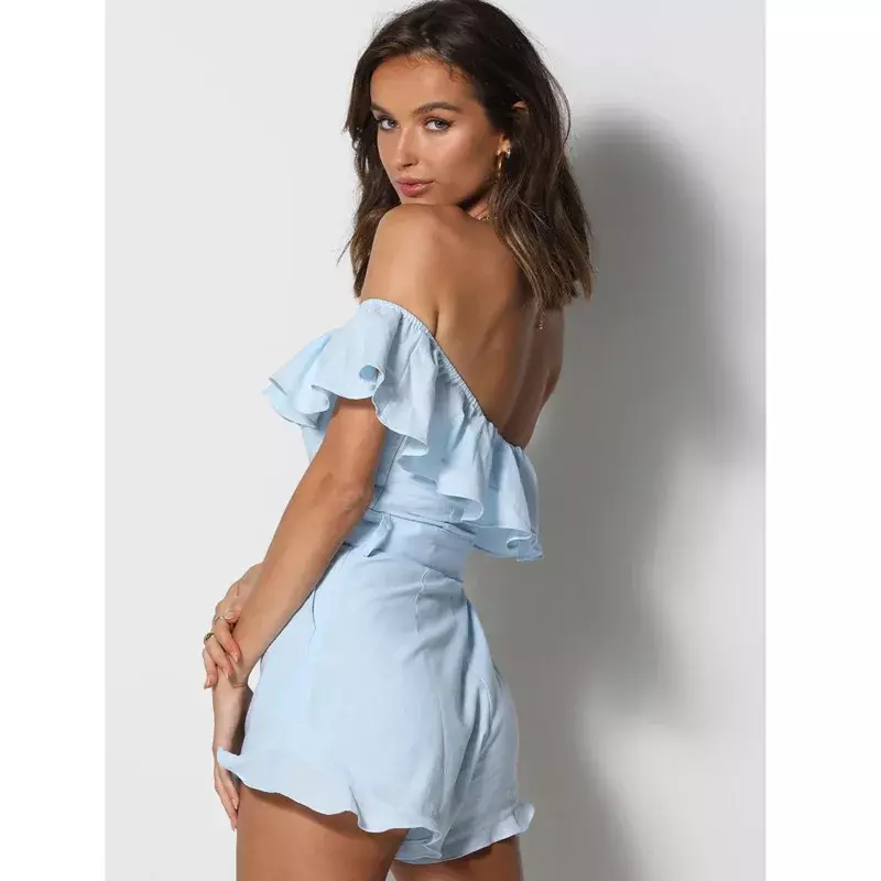2023 Women New Sexy Backless One Shoulder Lace Playsuit Summer Ruffles Sashes Casual Top Bodycon Rompers Ladies Short Jumpsuit