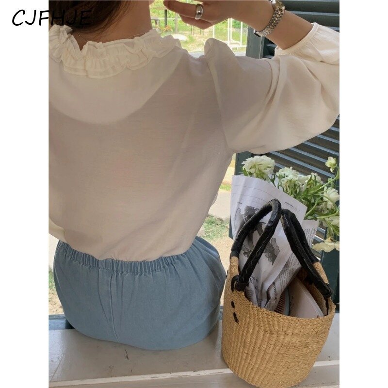CJFHJE Korean Version Women's Solid Color V-neck Chiffon Shirt Spring French Sweet Wood Ear Lace Up Women Long Sleeved Shirt Top