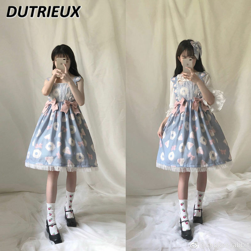 Gaun Lolita cetak lucu perempuan lembut gaya Jepang musim panas JSK gaun Suspender pendek pita tanpa lengan anak perempuan manis