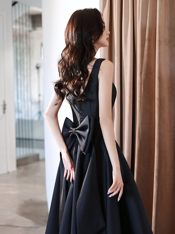 Elegantes schwarzes Satin abendkleid ärmellose rücken freie Schleife lange Festzug kleider Frauen einfache formelle Party kleider