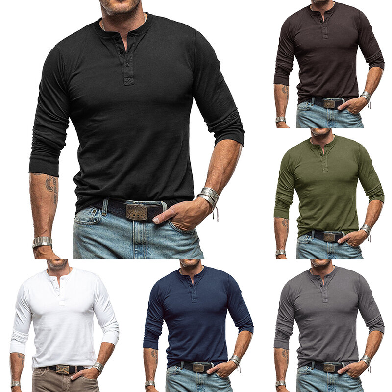 New Spring Autumn Men\\\'s Long Sleeve T-Shirts Buttons Solid Color Casual Sports V-Neck T Shirt Pullovers Man Tees Tops