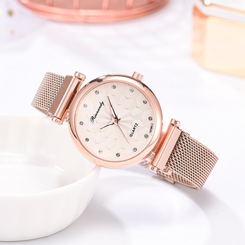5PCS bracciale orologi Set moda donna oro rosa cintura in maglia orologi da polso orologio al quarzo per le donne orologio da lavoro Relogio Feminino