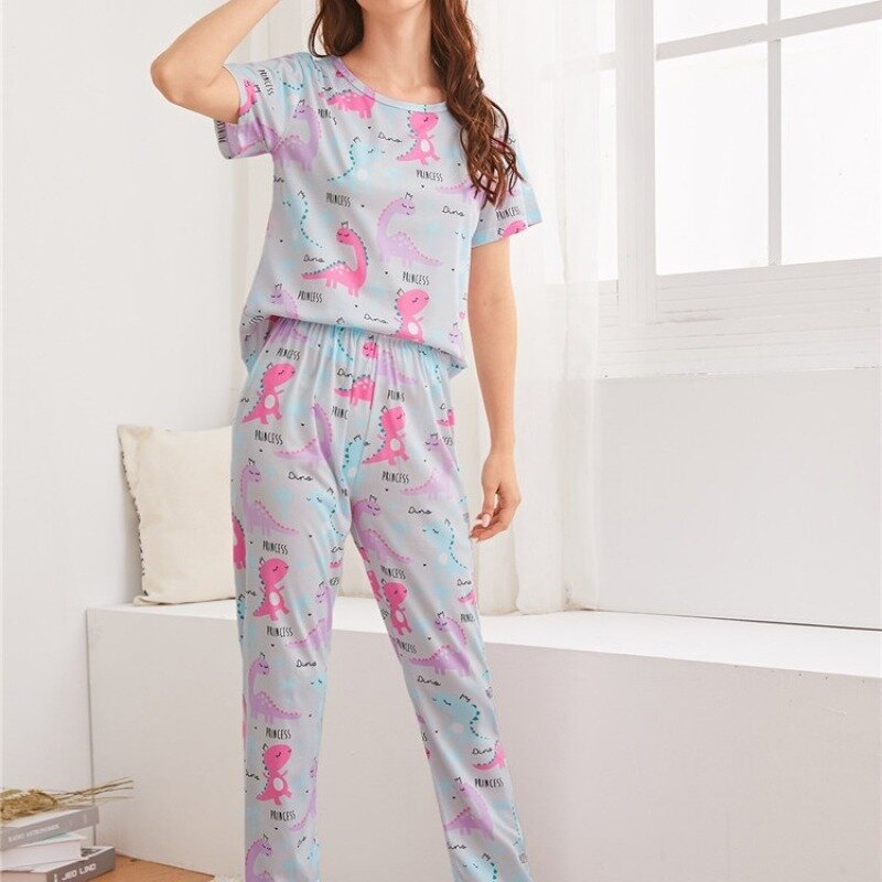 Conjunto de pijama feminino com estampa animal, pijama macio, manga curta, calça comprida, roupa caseira, primavera, verão, 2 peças