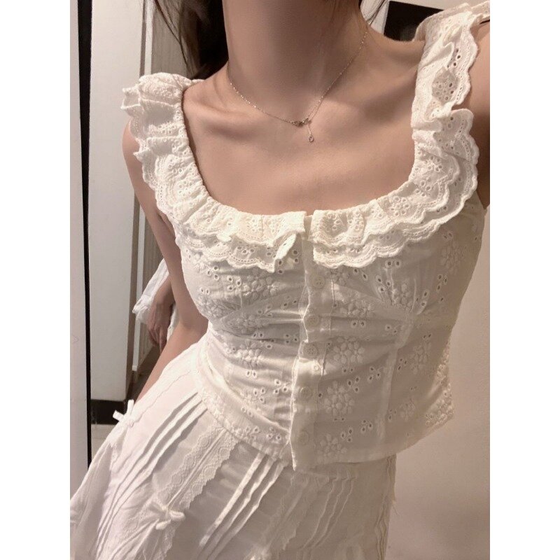 QWEEK-Camisa blanca de encaje sin mangas para mujer, Blusa con volantes, moda coreana, elegante, juvenil, estética Y2k, 2024
