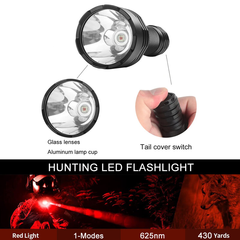UltraFire C8 LED-Taschenlampe mit starkem rotem Licht für den Außenbereich mit 18650-Handtaschenlampe für die taktische Jagd, wasserdichte Laterne