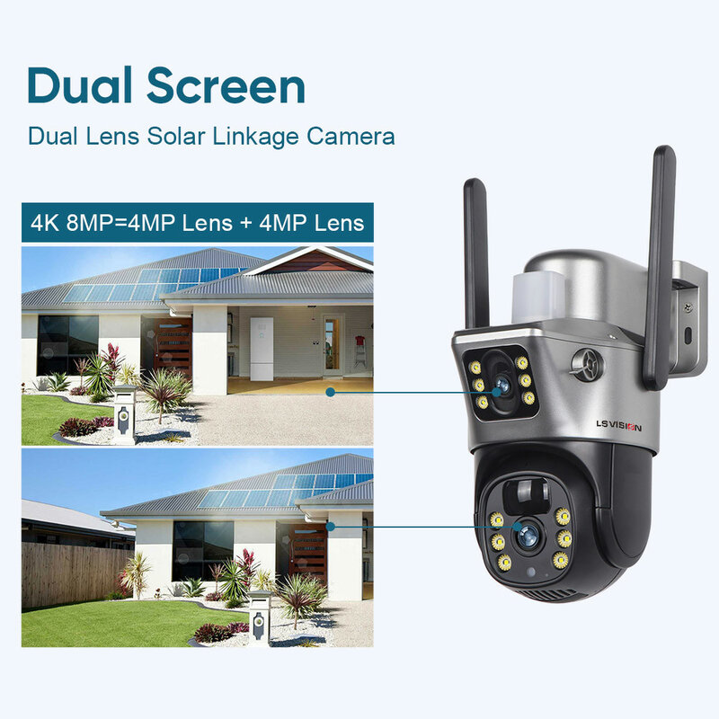 LS VISION Kamera słoneczna 4G Sim Zewnętrzna kamera z podwójnym obiektywem WiFi 8MP 4K IP Camara Panel słoneczny CCTV Bezpieczeństwo Wbudowana bateria Kamera PIR V380