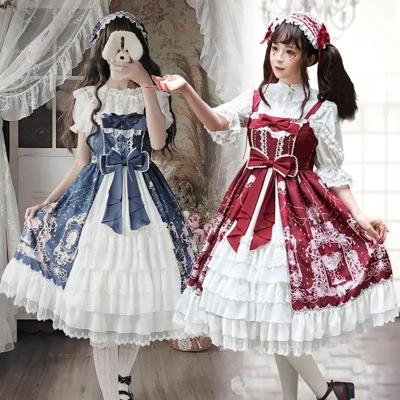Abito giapponese elegante stile Vintage Lolita Jsk abito donna Kawaii Bow Flower Print abiti Cosplay Sweet Girl Gothic Y2k Strap Dress
