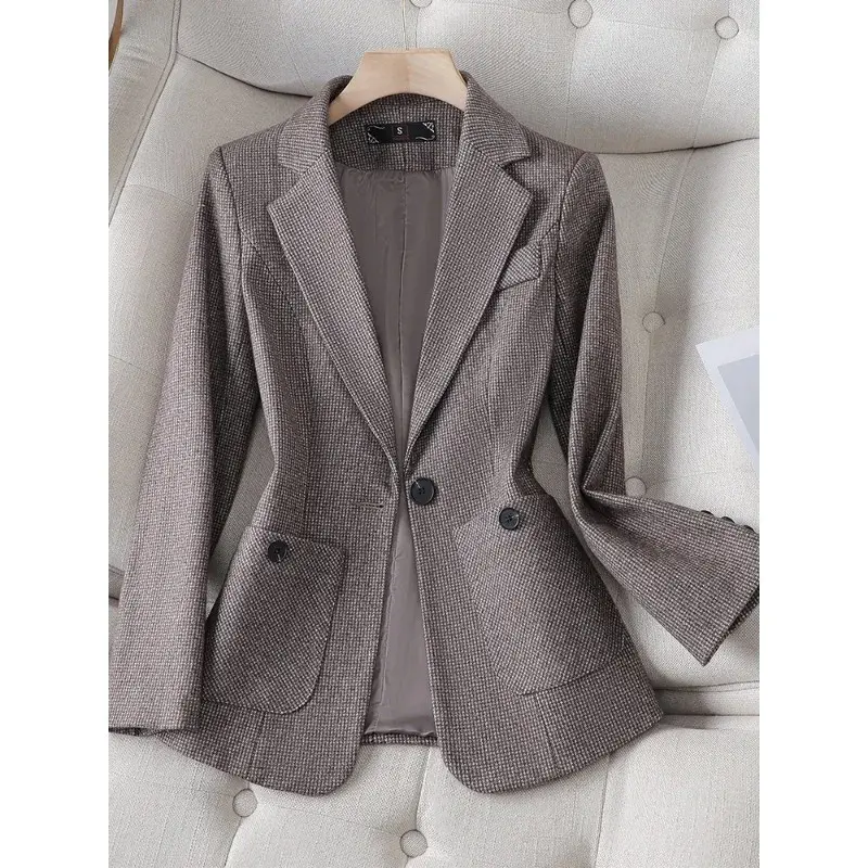Blazer xadrez com bolso para mulheres, casaco formal feminino, roupa de trabalho empresarial para senhoras, cinza e café