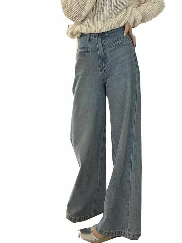 Pantalones vaqueros de cintura alta para mujer, Vaqueros ajustados rectos de longitud completa, ropa de calle informal de estilo coreano, pantalones cómodos de diseño con bolsillos, ajuste holgado