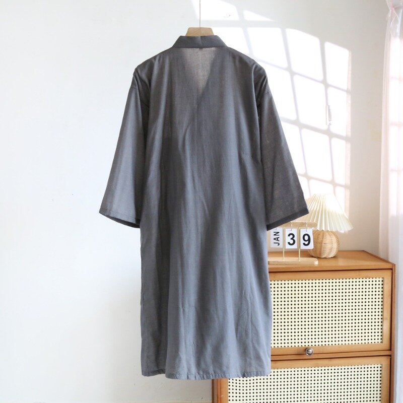 Spring/Autumn Cotton Yarn-dyed Pure Color Men's Gauze Pajamas Thin Japanese Kimono Casual Bathrobe Long Sleeves Men Robe