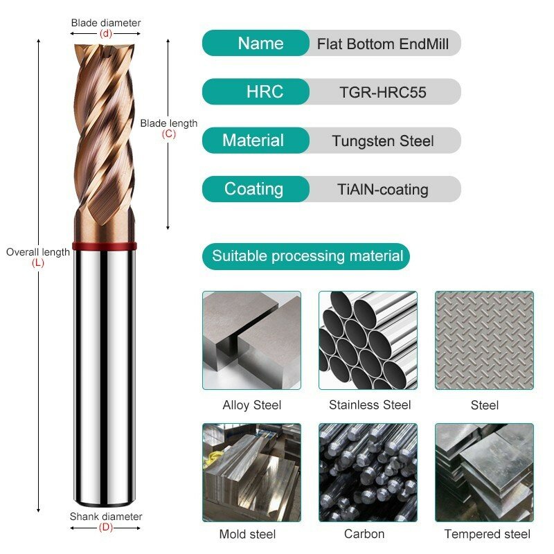 Shazam炭化タングステン鋼製フラットエンドミル、CNC機械式ステンレス鋼フライス盤、4フルート、hrc50、hrc55、hrc58、hrc60