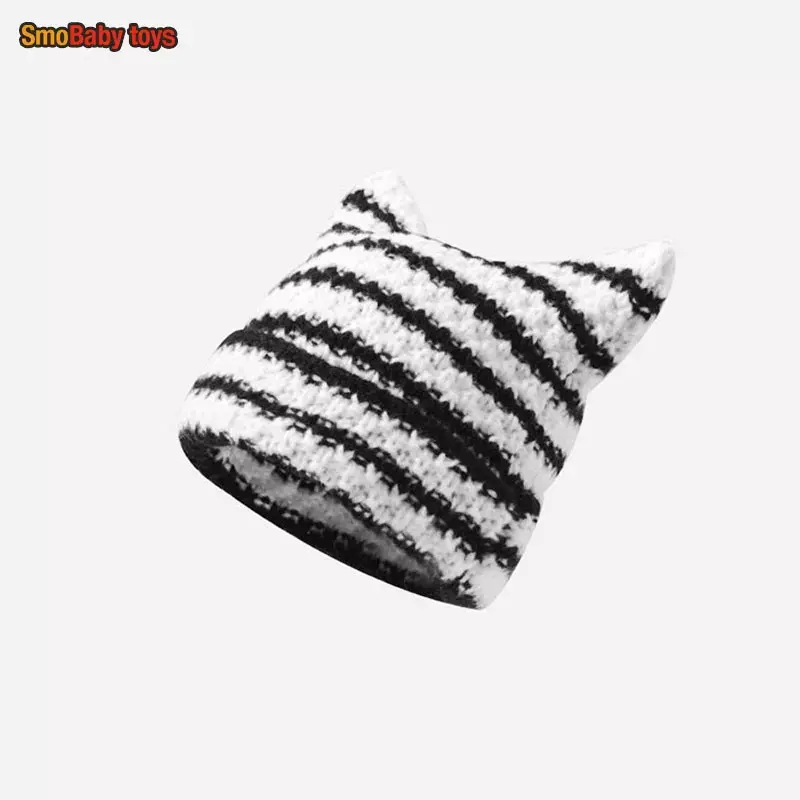 KPOP IVE baddie Hat Zhang Yuanying Knitted Hat Cute Demon Stripe Knitted Hat Cat Ear Cover For Fans Gifts