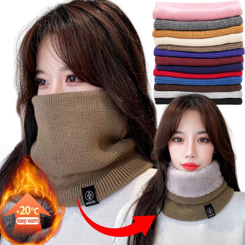 Silenciador de pelúcia de tricô de lã para mulheres, cachecol bandana, aquecedor de pescoço, faixa grossa de caxemira, máscara de esqui monocromática