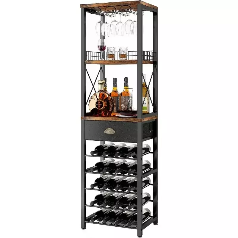 OEING Wine Rack Freestanding Floor, mobiletto da Bar per liquori e bicchieri, mobiletto da bar a 4 livelli con piano, portaoggetti in vetro