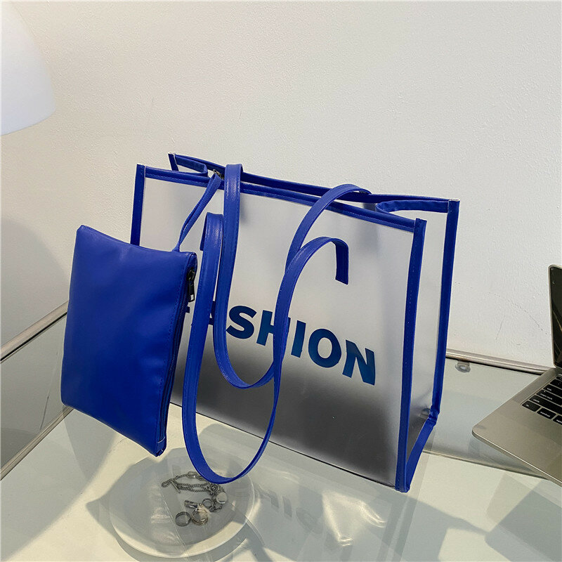새로운 대용량 숙녀 편지 인쇄 토트 백 PVC 여성 핸드백 어깨 가방 패션 투명 비치 쇼핑 가방, 패션 쇼핑 가방