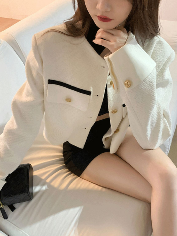 เสื้อแจ็คเก็ตสั้นผู้หญิงลำลองแขนยาว Y2k Crop Tops เสื้อผ้าเกาหลี2022ฤดูใบไม้ร่วงปุ่ม Vintage Blazers Office Lady