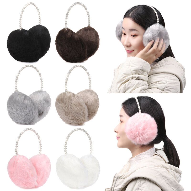 Women Winter Warm Earmuffs Snow Outdoor Pearl Ear Warmers Fluffy Earflap Thick Headband