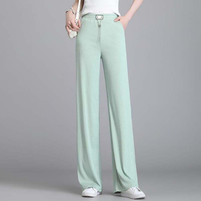 2024 Spring Summer New Commute Fashion Women's Solid Color Elastic High Waist Trousers Thin Loose Wide Leg Straight Casual Pants