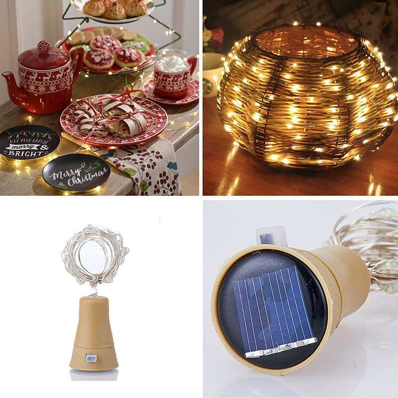 Guirnalda de luces LED solares para botella de vino, luces de hadas de corcho, luz de Navidad, 20 LED