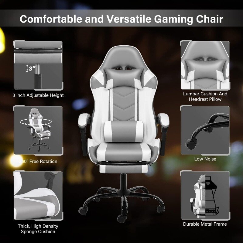 Yssoa weißer Gaming-Stuhl mit Fuß stütze, großem und großem Gamer-Stuhl, verstellbarer drehbarer Bürostuhl im Rennstil, ergonomisch