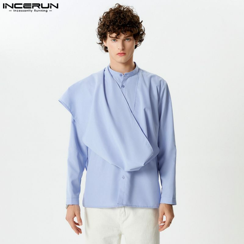 INCERUN Tops 2024 Handsome New Mens Solid Color Irregular Design Shirt Leisure Simple Male Comfortable Long Sleeved Blouse S-5XL
