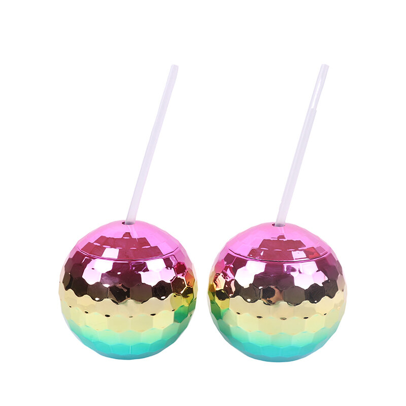 Vasos de bola de discoteca con tapa y pajitas, vaso de plástico galvanizado, taza esférica, decoración de bola de discoteca, recuerdos de fiesta, 600ml, 1 ud.