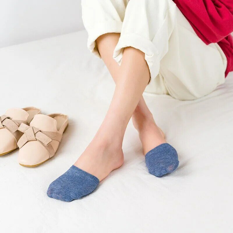 Meias de algodão antiderrapante para mulheres, meias de meio dedo, meias invisíveis, absorvente de suor, respirável, sem comparência, fina, monocromática, simples, B103